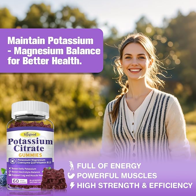 Potassium Citrate Gummies – Potassium Supplement for Muscle Health, Leg Cramp Relief & Electrolyte Balance, Vegan, Non-GMO, Gluten-Free, Blueberry Flavor, 60 Count