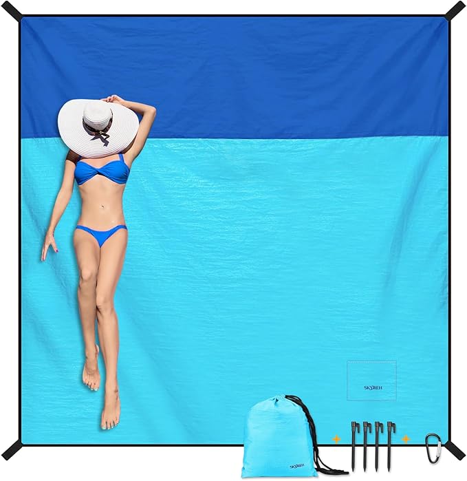 Beach Blanket Waterproof Sandproof Large Beach Mat 79" X 87", Quick Drying Durable Portable Lightweight Outdoor Nylon Picnic Blanket for Travel Camping Hiking, Blue