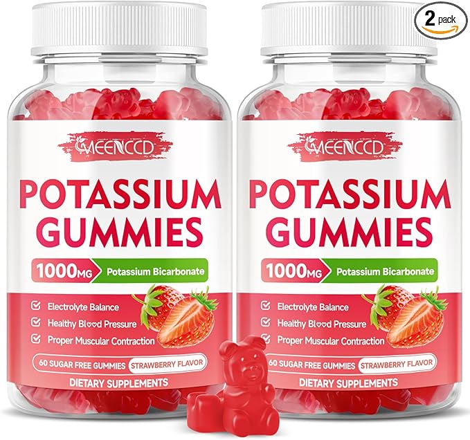 2 Pack Potassium Gummies 1000mg, Potassium Bicarbonate Supplement for Adults & Kids, Potassium Supplement for Electrolyte Balance & Muscle Heath, Sugar-Free, Strawberry Flavor, 120 Count