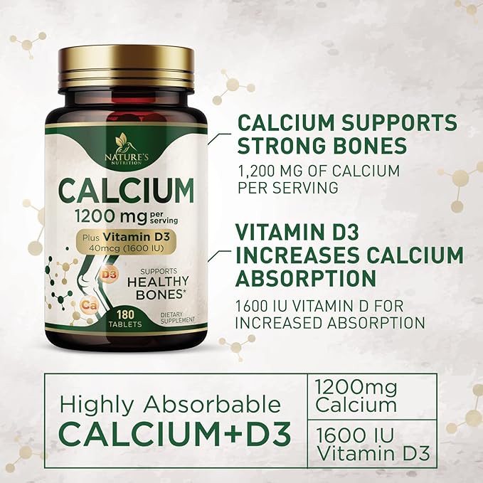 Calcium 1200 mg with Vitamin D3, Calcium Supplement Vitamins, Supports Bone Strength, Teeth & Immune System, Calcium Supplements for Women & Men, Nature's Absorbable Calcium Carbonate - 180 Tablets