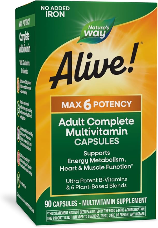 Nature's Way Alive! Max6 Potency Adult Complete Multivitamin, Vitamins A,C, E & B-Vitamins Including Methyl B12 & Folate, Supports Energy Metabolism*, No Added Iron, 90 Capsules (Packaging May Vary)