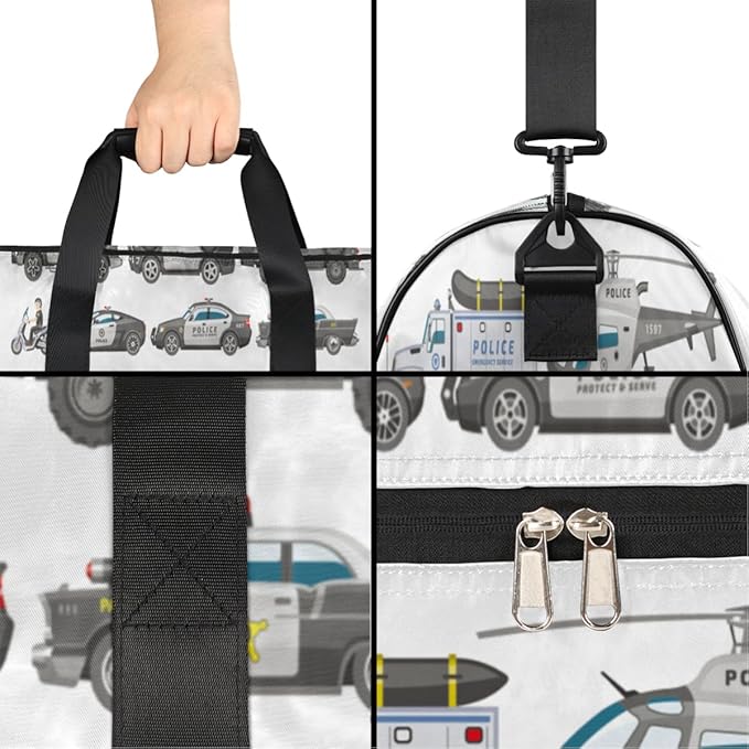 Police Car Dry Wet Depart Duffle Overnight Bag with Shoes Compartment & Wet Pockets, Policeman Motorbike Water Resistant Weekender Travel Gym Pouch For Swim Gymnastics Ballet Sleepovers