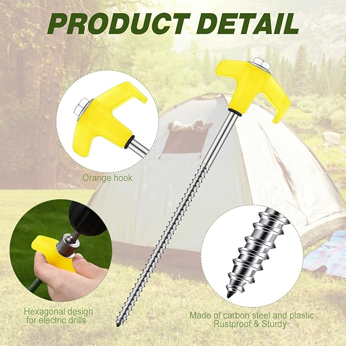 Hicarer 20 Pcs 8'' Screw in Tent Stakes Heavy Duty Ground Anchors Screw in Tent Pegs Ground Stakes Tent Spikes Metal Tent Spikes with Hex Head Driver for Camping Garden Canopies (Yellow)