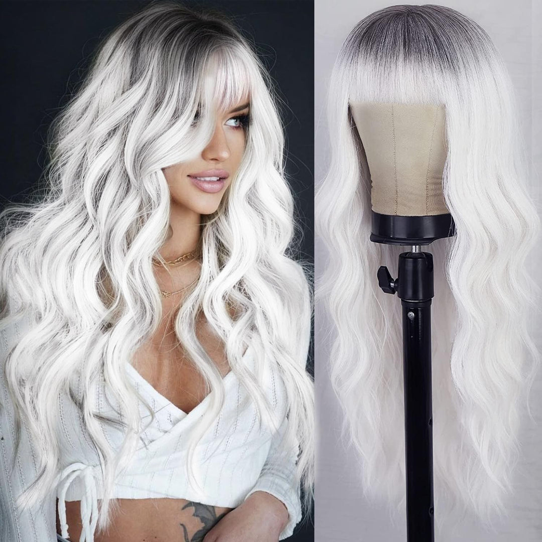 Aisi Queens White Wigs For Women, Ombre White Wig With Bangs Long Wavy Wig Hair Dark Root Synthetic Wigs Heat Resistant Fiber Fo