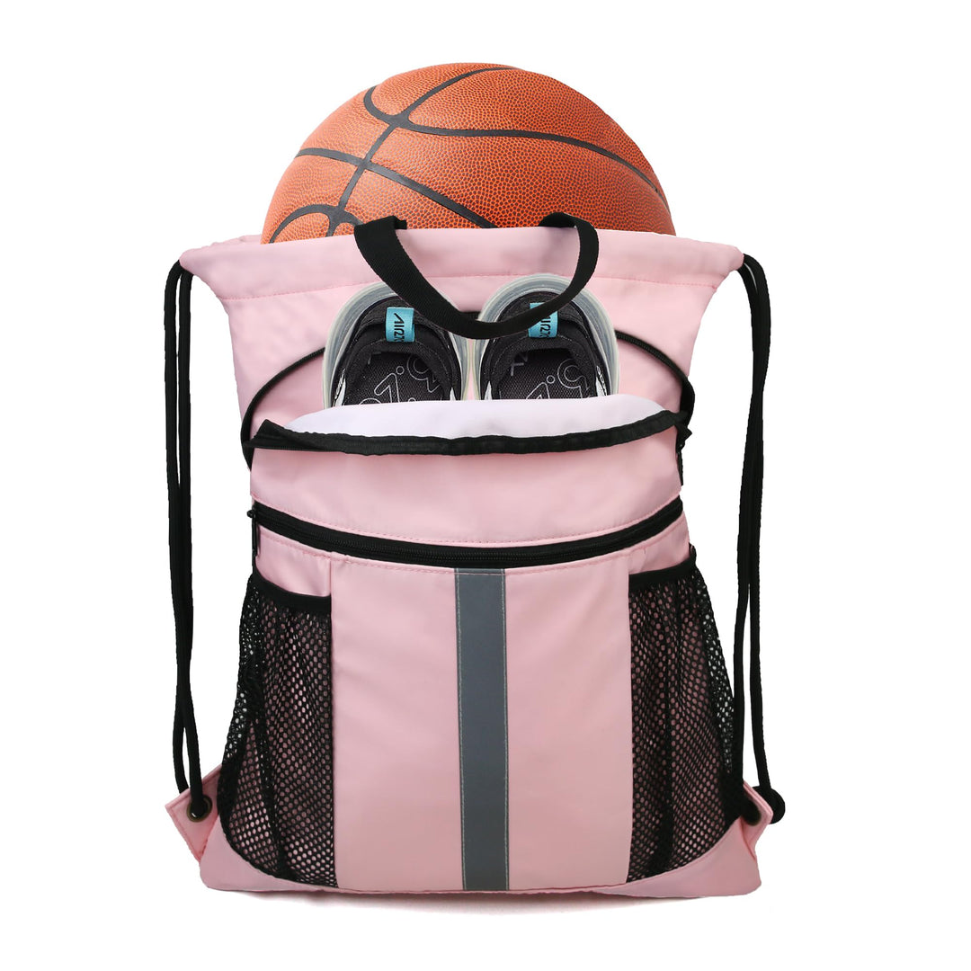 BeeGreen Pink Drawstring Backpack Bag with Shoe Compartment X-Large Gym Sports String Cinch Sackpack with Front Inside Zipper Pockets