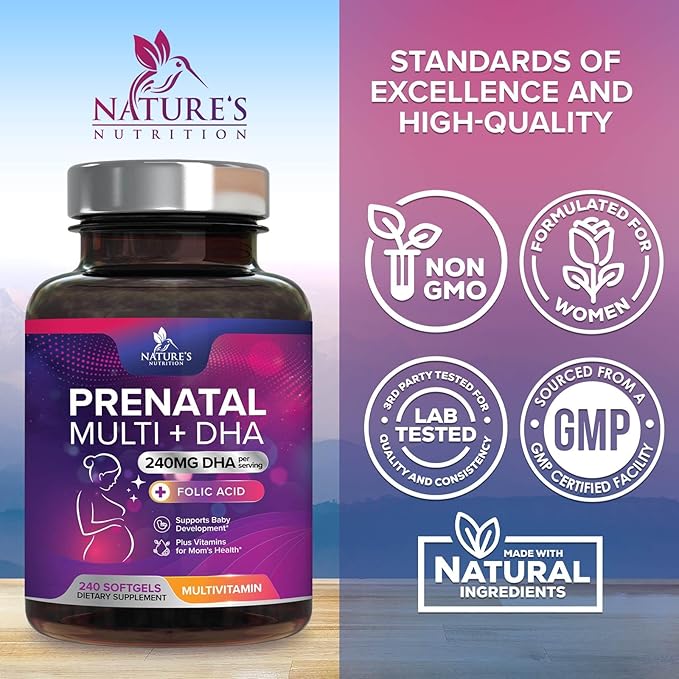 Prenatal Vitamins for Women with Folate & DHA, Prenatal Multivitamin Supports Brain Development with Folic Acid, Omega 3, Vitamin A, C, D, B6, B12 & Iron, Pregnancy Supplement, Non-GMO - 240 Softgels