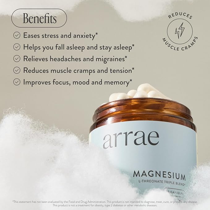 Arrae Magnesium Supplement, Magnesium Glycinate, Citrate & L-threonate, 250 mg, Support Mood, Sleep, Nerves, and Muscles,90 Capsules