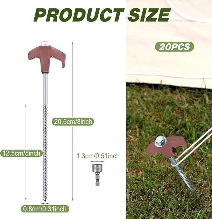 Hicarer 20 Pcs 8'' Screw in Tent Stakes Heavy Duty Ground Anchors Screw in Tent Pegs Ground Stakes Tent Spikes Metal Tent Spikes with Hex Head Driver for Camping Garden Canopies (Brown)