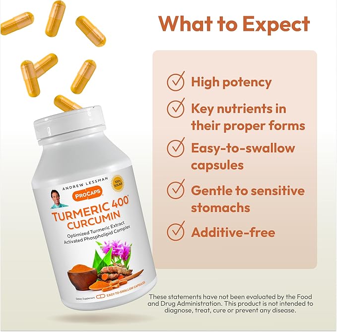 ANDREW LESSMAN Turmeric 400mg - 120 Capsules - 95% Curcuminoids as Phospholipid Complex for Optimum Benefits and Absorption, High Potency Standardized Extract, Small Easy to Swallow Capsules