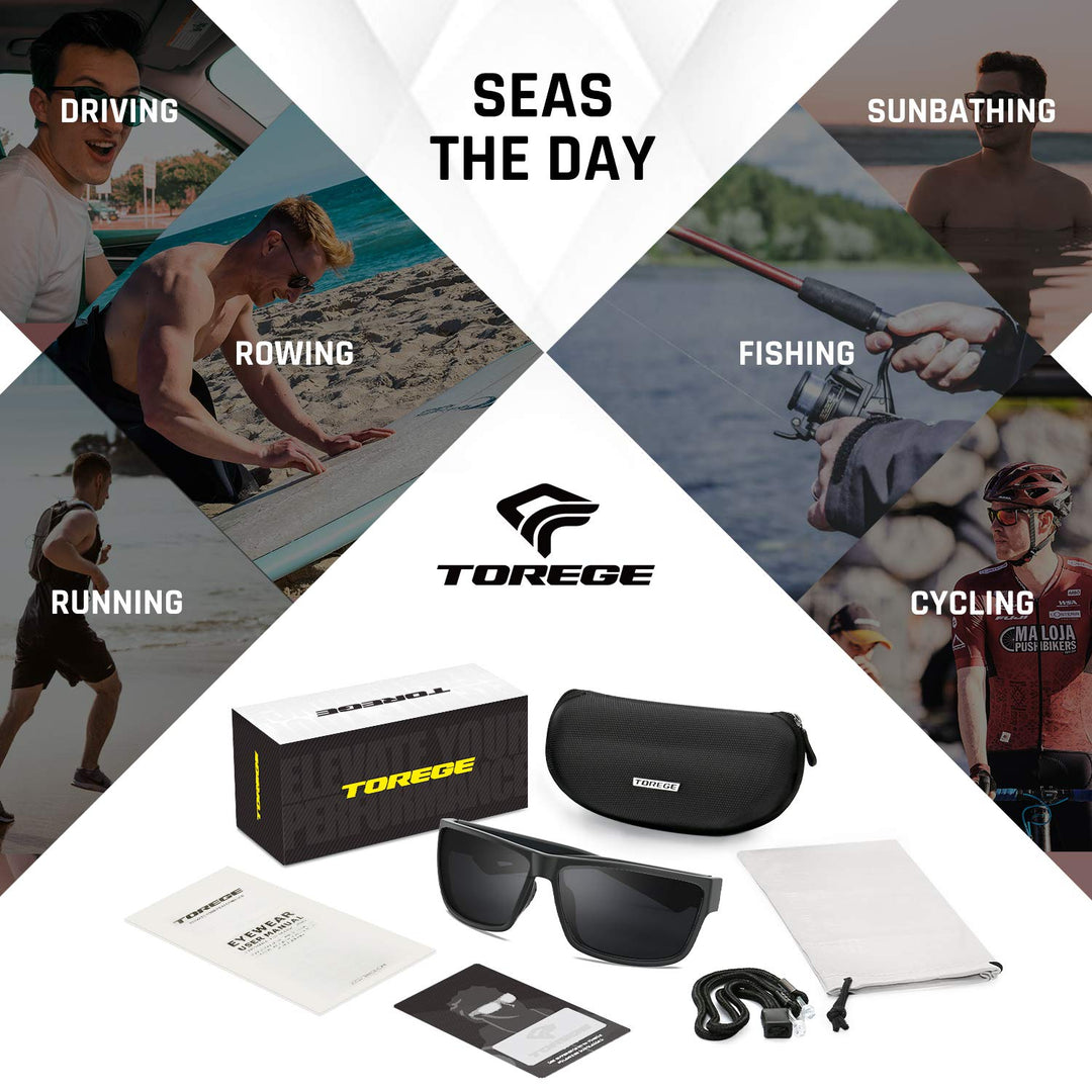 TOREGE Polarized Sports Sunglasses for Men and Women Cycling Running Golf Fishing Sunglasses TR26 (Black Frame & Grey Lens)