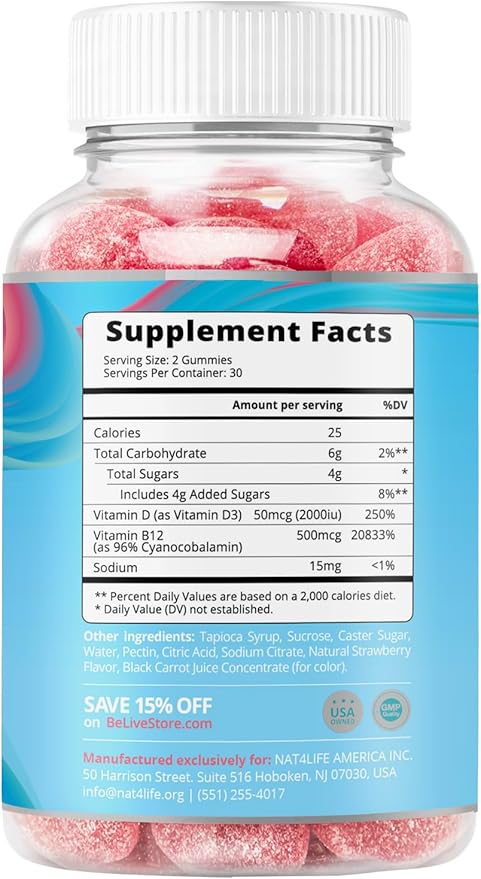 BeLive Vitamin D3 Gummies with B12 Vitamins - Immune Support Gummies with Vegan Vitamin B12 & D3, Provides Enhanced Bone & Muscle Strength, Hearth Health and Energy - Strawberry Flavor | 2-Pack