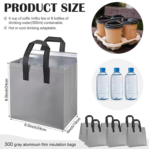 300 Pcs Insulated Take Away Bags Bulk Thermal Insulation Food for Coffee Milk Tea Hot Cold Food Fresh Seafood Cooler Pizza Delivery Bags for Catering Restaurant Grocery (Grey)