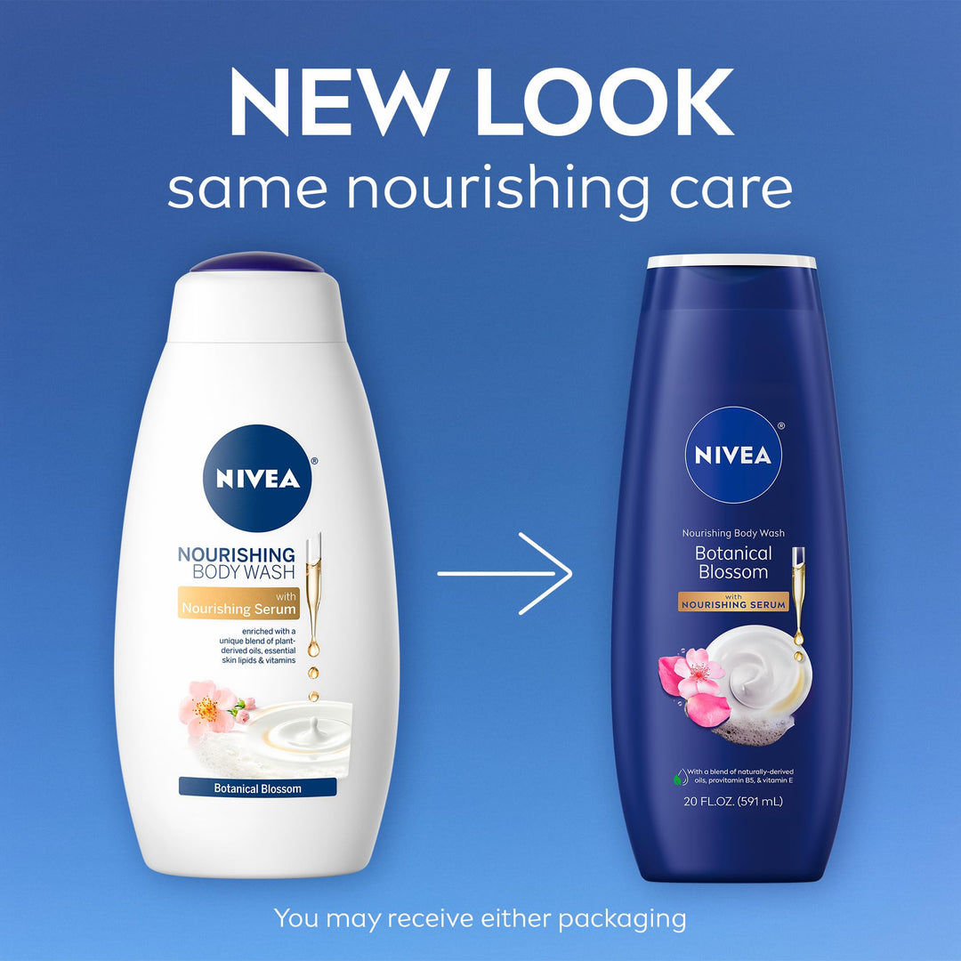 NIVEA Nourishing Botanical Blossom Body Wash with Nourishing Serum, Moisturizing Body Wash for Women, Enriched with Provitamin B5 and Vitamin E, 20 Fl Oz Bottle