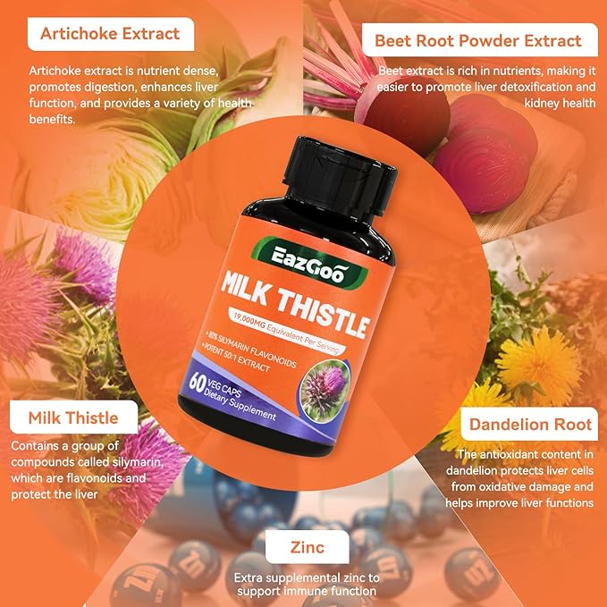Milk Thistle Capsules 19000mg Equivalent, 50X Concentrated Seed Extract & 80% Silymarin Standardized, Liver Support Supplement, Vegan, Non-GMO, 120 Capsules