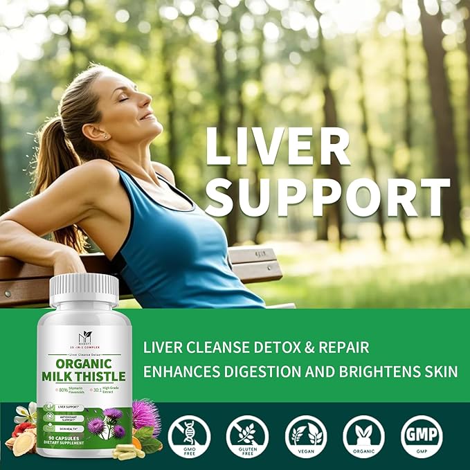 Liver Support Supplement with Milk Thistle Extract with Silymarin, Glutathione, Dandelion, Artichoke - Liver Cleanse Detox Repair, Antioxidant Support- 90 Capsules