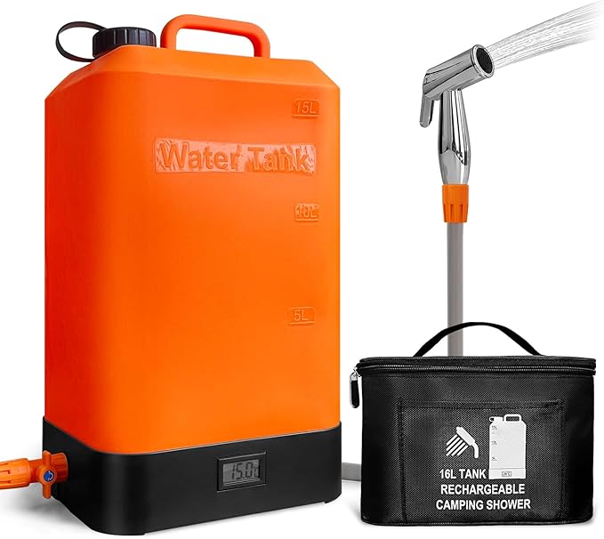 B. TAWD 4.5 Gallon Silicone Water Tank, Portable Camping Shower, USB Battery Charging, Solar Heating, with Shower Head, Electric Portable Outdoor Shower, Built-in Thermometer, Beach, Camping, Hiking