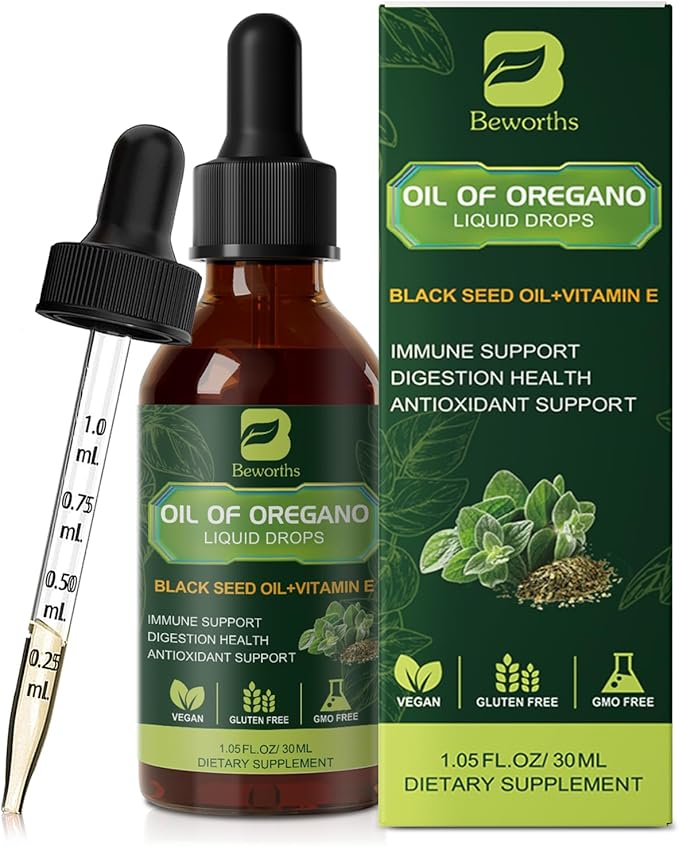 Oregano Oil Drops, Oil of Oregano with Black Seed Oil, Vitamin E, Oregano Supplement Herbal Blend for Immune & Antioxidant Support, Digestive, Overall Health | Vegan, Sugar-Free, Non-GMO, 1 Fl Oz