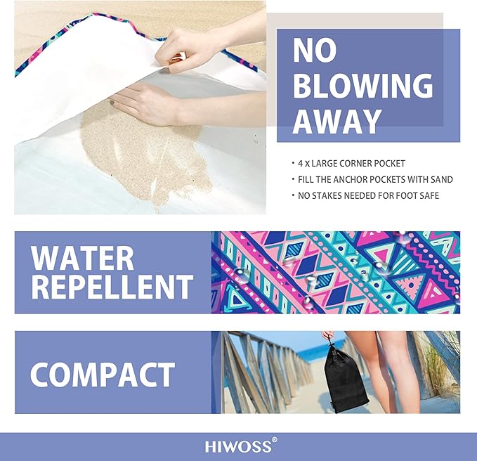 Beach Blanket Waterproof Sandproof Oversized 95”x 80”,Sand Free Beach Mat with Corner Pockets,Portable Mesh Bag for Beach Festival,Picnic,Travel and Outdoor Camping (Boho-Chic)