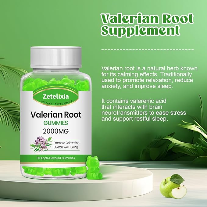 Organic Valerian Root Gummies, Herbal Supplement for Relaxation & Mood Support, Sleep Gummies Without Melatonin for Adults, Vegan, Non-GMO, Apple Flavor, 60 Count