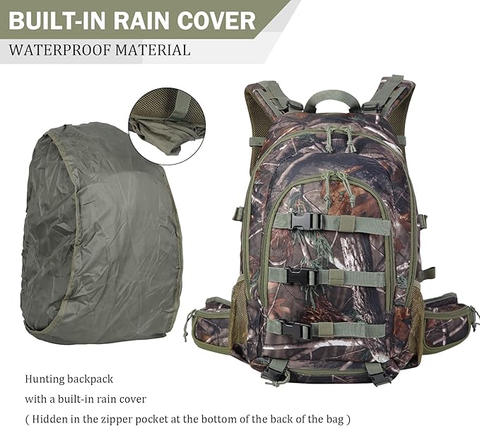 AUMTISC 40L Hunting Bag Backpack with Rifle Holder for Men, Waterproof Camo Hunting Day Back Pack with Rain Cover for Gun Bow