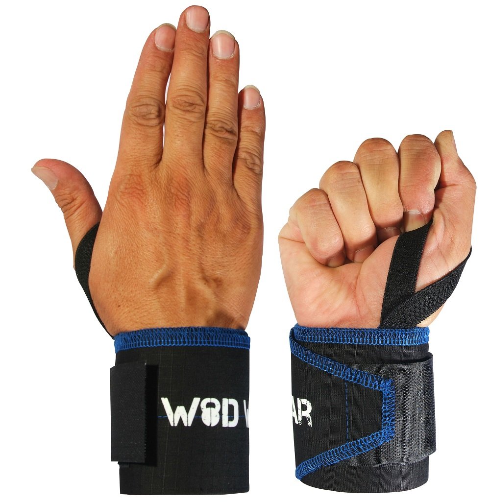 WOD Wear Wrist Wraps with Thumb Loop for Powerlifting, Strength Training, Bodybuilding, Cross Training, Olympic Weightlifting, Yoga - One Size Fits All (Black/Blue Stitch)