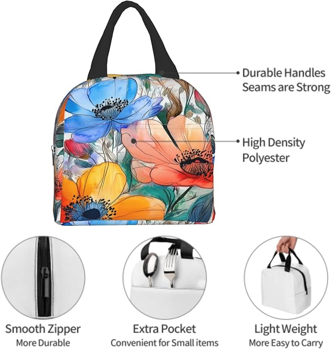 Watercolor Floral Insulated Lunch Box for Women Men， Colorful Leaf Flowers Reusable Lunch Tote Bags Thermal Cooler Lunch Bags for Office School Picnic Hiking