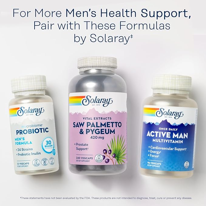 SOLARAY Saw Palmetto and Pygeum - Saw Palmetto for Men and Pygeum Bark - with Zinc, Vitamin B6, Pumpkin Seed and Amino Acids - Prostate Supplements for Men w/Beta Sitosterol, 60 Servings, 240 VegCaps
