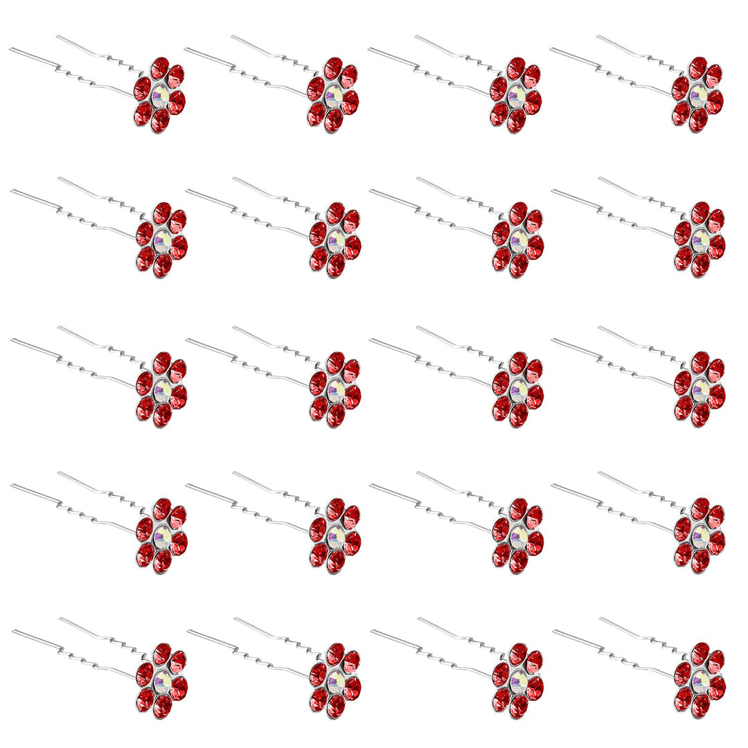 QIUTIMIY 20 Pack (Red) Crystal Flower Hair Pins Rhinestone Hair Clips for Bridal Wedding Women Hair Jewelry Accessories, with Clear Container