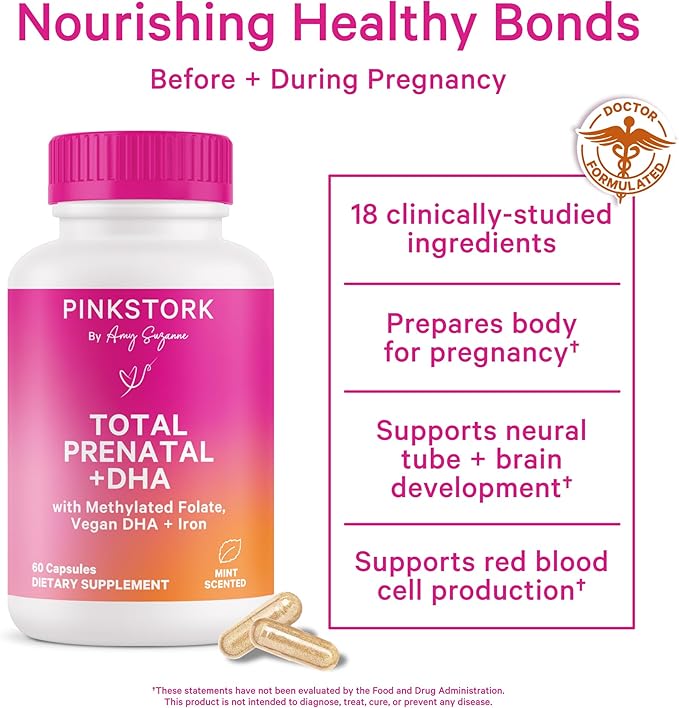 Pink Stork Total Prenatal Vitamins with DHA, Folate, Iron, Choline, and Vitamin B12 - Preconception Nutrition - Prenatals for Women, Pregnancy Must Haves - Mint Essence, 180 Capsules, 3 Month Supply