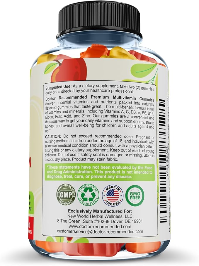 Premium Multivitamin Gummies for Toddlers & Kids - Chewable Essential Daily Vitamins A, C, D3, E, B6, B12, Biotin - No High-Fructose-Corn-Syrup or Artificial Sweeteners - 60 Gummies, 30-Day Supply