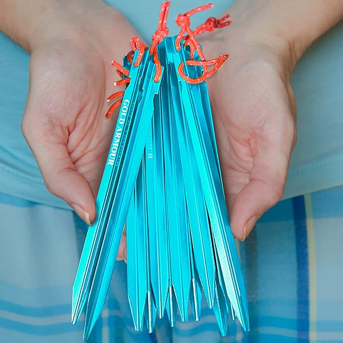 Gold Armour Tent Stakes - 12 Pack Heavy Duty, Lightweight, Camping Stakes Pegs for Outdoor Tent and Tarp, Essential Camping Gear Equipment Accessories (Blue)