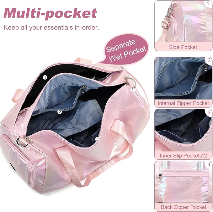 Duffle Bag for Gym Sports Women Girls Workout Travel Bag Weekender with Shoe Compartment and Wet Pocket