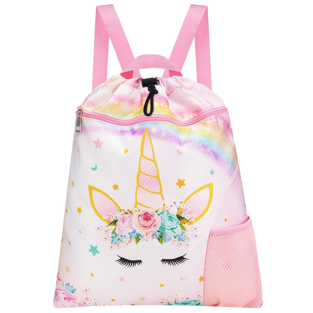 WAWSAM Unicorn Gym Drawstring Backpack - 15” x 17” Sports Gym Bag Drawstring Bag for Girls Waterproof String Backpack for Beach Swim Travel Yoga Gift with Zipper Pocket and Water Bottle Pocket