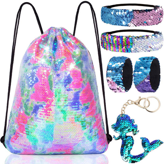 Mermaid Reversible Sequin Drawstring Backpack/Bag Clear Iridescent Sequin+Colorful Fabric for Kids Girls One_Size