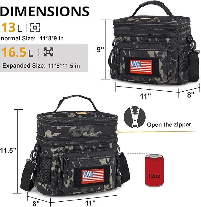 ATRIPACK Lunch Bag for Men, Double Deck Tactical Lunch Box Work with Shoulder Strap MOLLE Webbing Large Lunch Cooler Leakproof Insulated （Camo-Black）