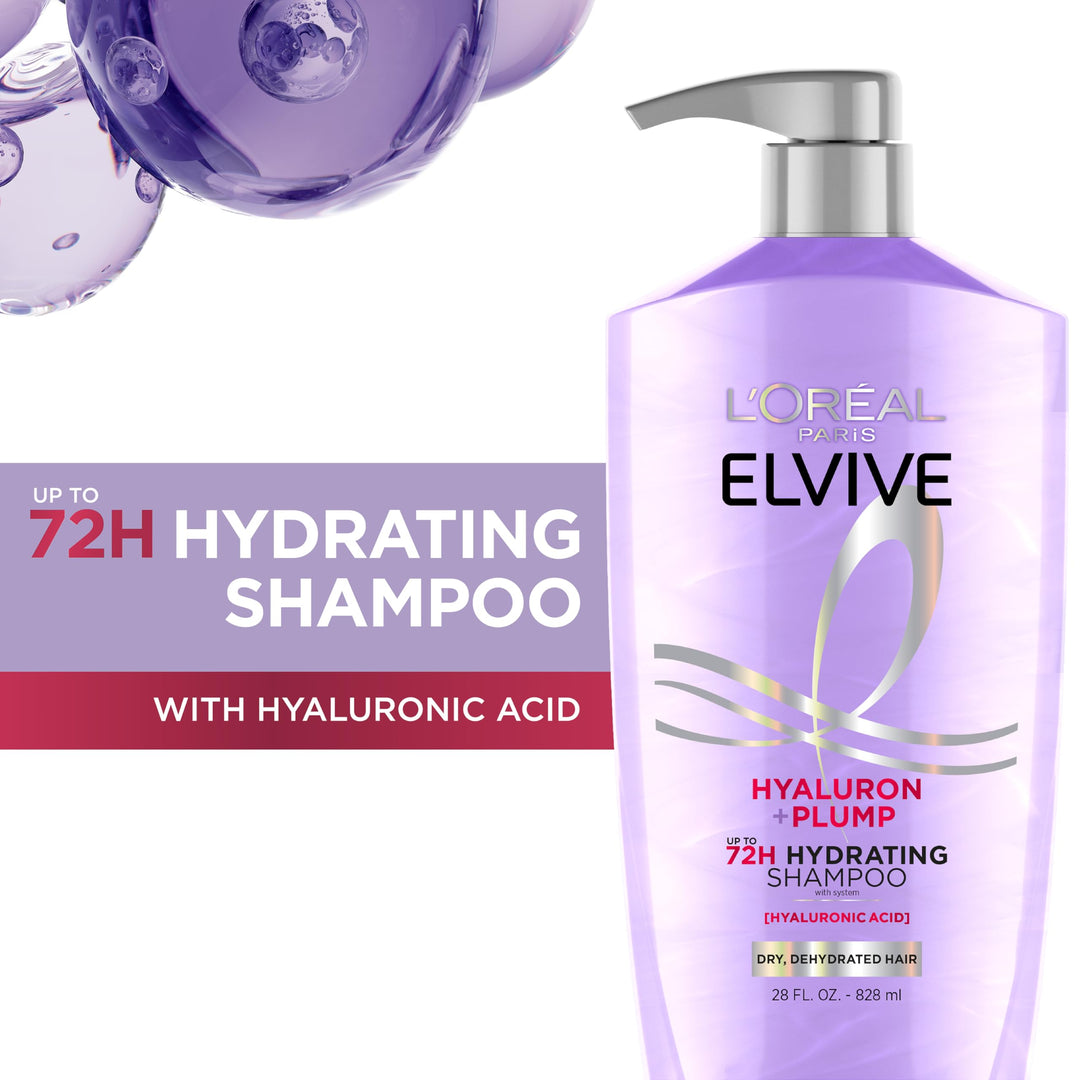 L'Oreal Paris Elvive Hyaluron Plump Hydrating Shampoo for Dehydrated, Dry Hair Infused with Hyaluronic Acid Care Complex, Paraben-Free, 26.5 Fl Oz