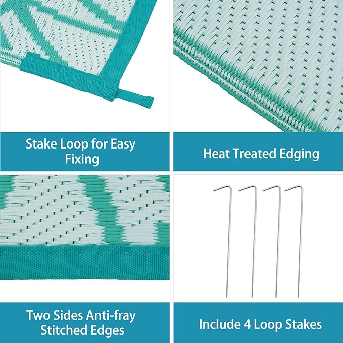 Anidaroel Leaf Outdoor Rugs 8x10ft for Patios Clearance Waterproof, Reversible Tropical Plastic Straw Camping Mat Outside Area Rug for RV, Backyard, Deck, Balcony, Picnic, Beach(Blue,8'x10')