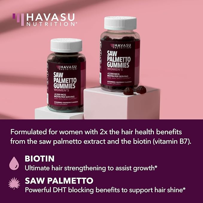 Saw Palmetto for Women with 2500mcg Biotin - DHT Blocker and Hair, Skin, Nail Health Gummies - 120 Count - Supports Stronger and Fuller Looking Locks and Radiant Skin - Vegan, Non-GMO, 2 Month Supply