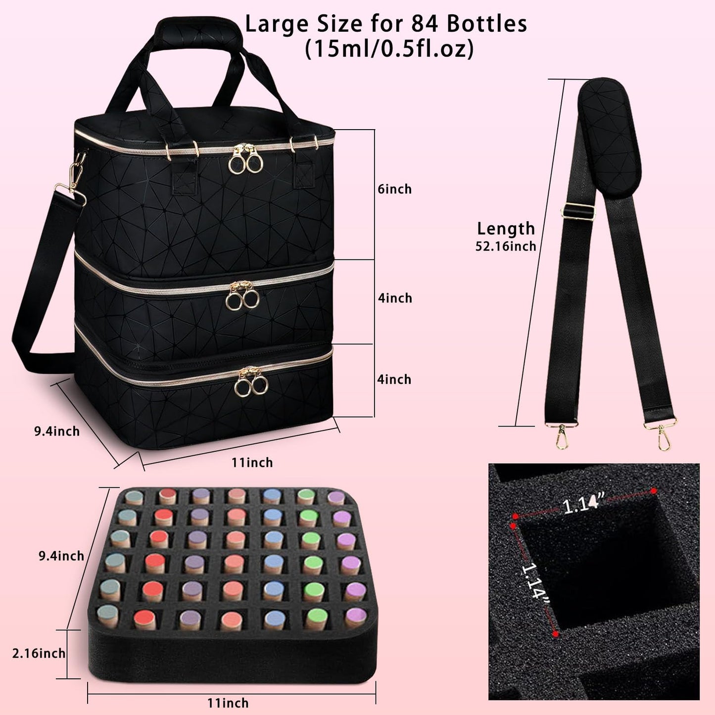 3-Layer Travel Makeup Bag,Nail Polish Organizer,Nail Tools Storage,2 in 1 Removable Polish Package,Waterproof,Adjustable Dividers Compartment,Holds 84 Bottles of 15ML Nail Polish