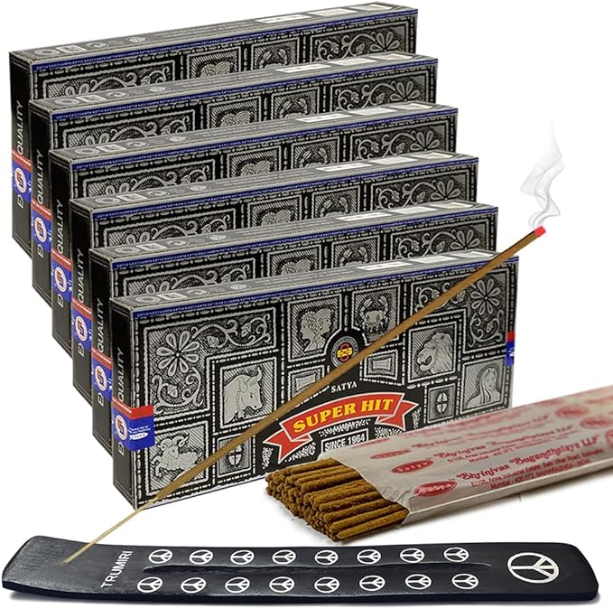 TRUMIRI Incense Stick Holder Bundle with Satya Super Hit 100g Incense Sticks - Pack of 6 (Approx 600 Sticks)