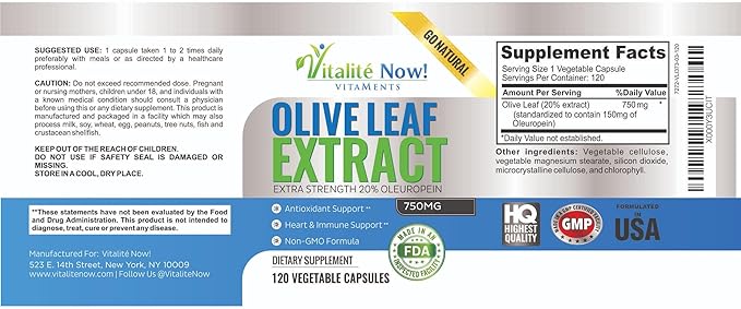 Super Strength Best Olive Leaf Extract (Non-GMO) - 20% Oleuropein - Immune Support Supplement - Up to 4 Months - 750mg Capsules - Vegetarian - 120 Count
