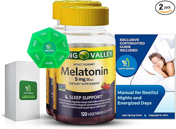 Melatonin 5Mg, 120 Gummies, Sleep Support (2 Pack) with Bundle Exclusive Better Ligth&Spring Guide + Weekly Pill Organizer (4 Items)