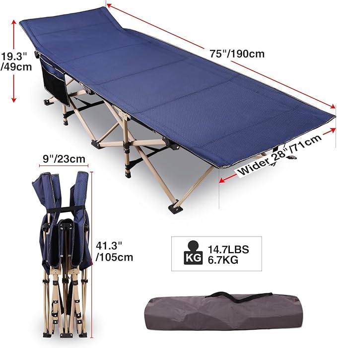 REDCAMP 28" Extra Wide Heavy Duty Camping Cots for Adults, Folding Sturdy Portable Sleeping Cot for Camping or Office Use, Blue