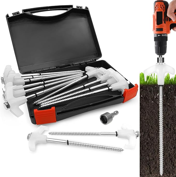 12 Pack Tent Stakes Heavy Duty - 8" Ground Anchors Screw in - Camping Stakes with Grow in The Dark Heads - Metal Threaded Tent Spikes with Hex Head Driver and Storage Box
