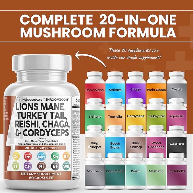 Clean Nutraceuticals Lions Mane 20in1 Mushroom Supplement with Turkey Tail Reishi Cordyceps Chaga Maitake Meshima Poria Cocos Shiitake Oyster Porcini Enoki - Pack