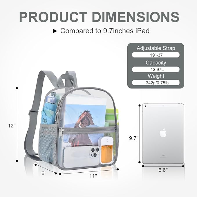 USPECLARE Clear Backpack Stadium Approved 12X11x6, Waterproof Clear Bag Stadium Backpack for Concert Work Sport Event