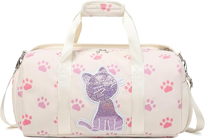 Dance Bag for Girls Sports Duffle Bag Teen Gym Bag Ballet Bag with Separate Dry Wet Pocket and Shoes Compartment Weekender Overnight Bag for Teen Girls Corduroy Sequined Cat（Cat Beige）