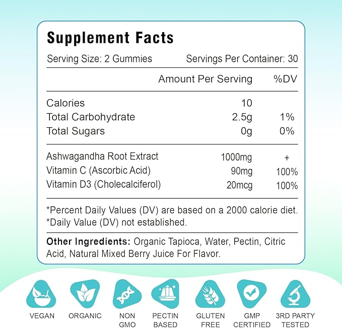 2 Pack Ashwagandha Gummies & Vitamin D Gummies for Women & Men - with Vitamin C for Support Calm Mood, Relaxation & Immune, Mixed Berry 60 Cts