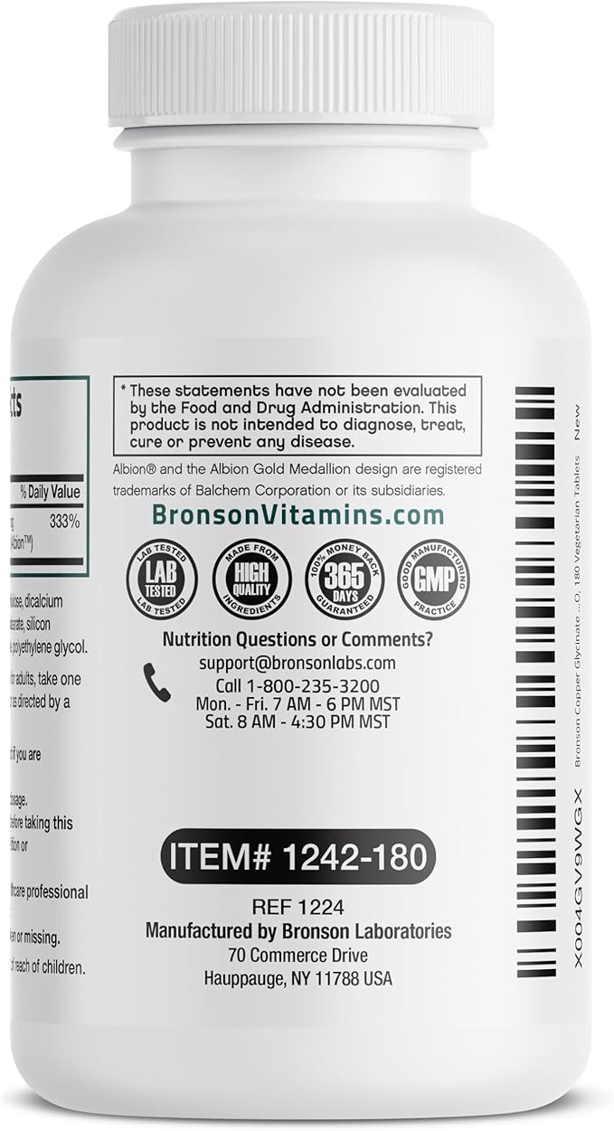 Bronson Copper Glycinate 3mg Chelated Superior Absorption Non-GMO, 180 Vegetarian Tablets