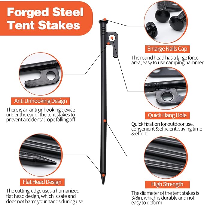 16pcs Tent Stakes and Hammer Set, 8in Heavy Duty Forged Steel Tent Stakes + Camping Hammer + Storage Pouch, Available in Rocky Place (16pcs 8in Stake+Hammer)